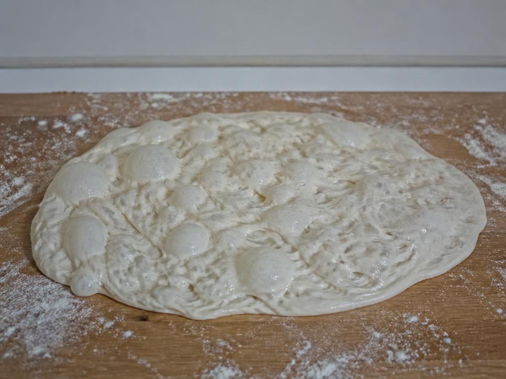 Collapsed overproofed pizza dough spread flat with large thin-walled bubbles on the same board